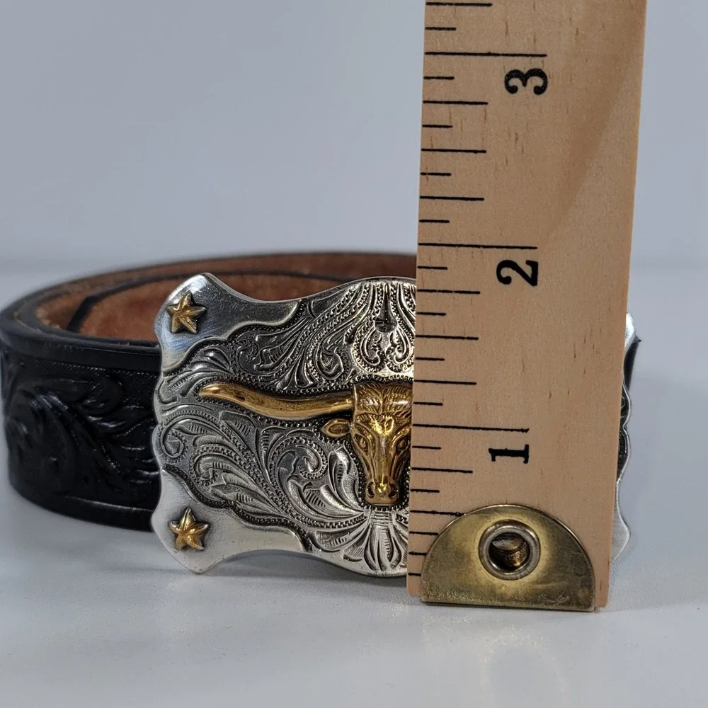 Tony Lama Youth Black Tooled Leather Western Belt Gold Longhorn Buckle Size 24